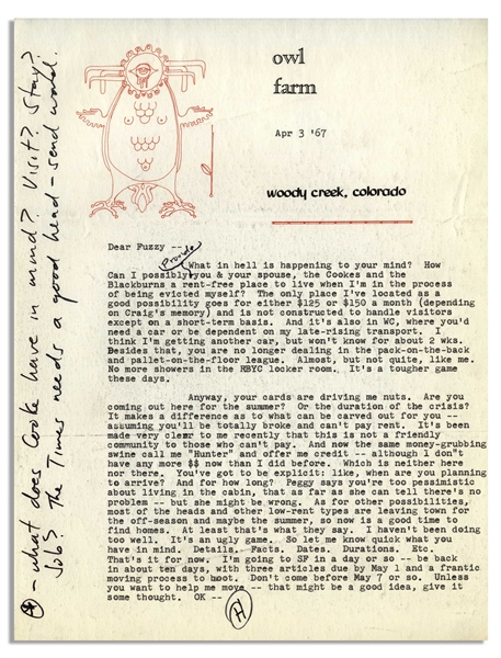 Hunter S. Thompson Letter Signed -- ''...this is not a friendly community to those who can't pay. And now the same money-grubbing swine call me 'Hunter' and offer me credit...''